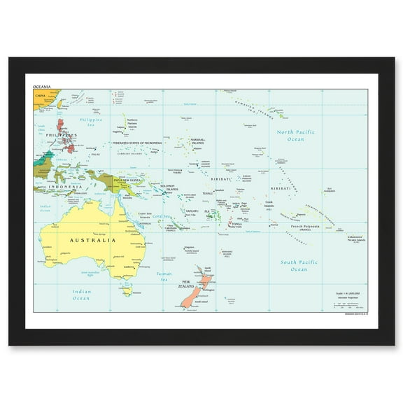 Map Of Oceania Australia New Zealand Melanesia Micronesia Polynesia A4 Artwork Framed Wall Art Print