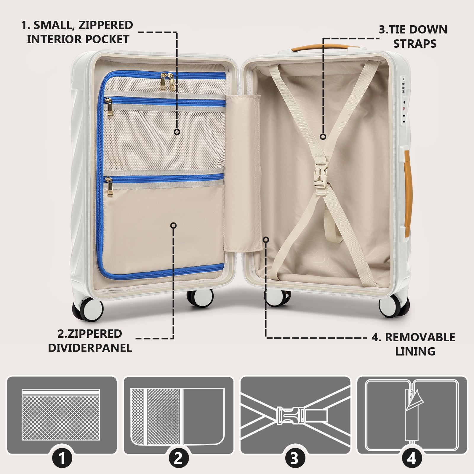 Joyway 5-Piece Luggage Set PC Ultra-Hard Shell Lightweight Suitcase TSA Lock Brake Spinner Wheels (20/24/29) with Backpack White