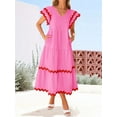 thumbnail image 3 of Womens 2025 Summer Casual Midi Dresses V Neck Flutter Short Sleeve Ruffle Tiered A Line Flowy Beach Long Dress Pink M, 3 of 8