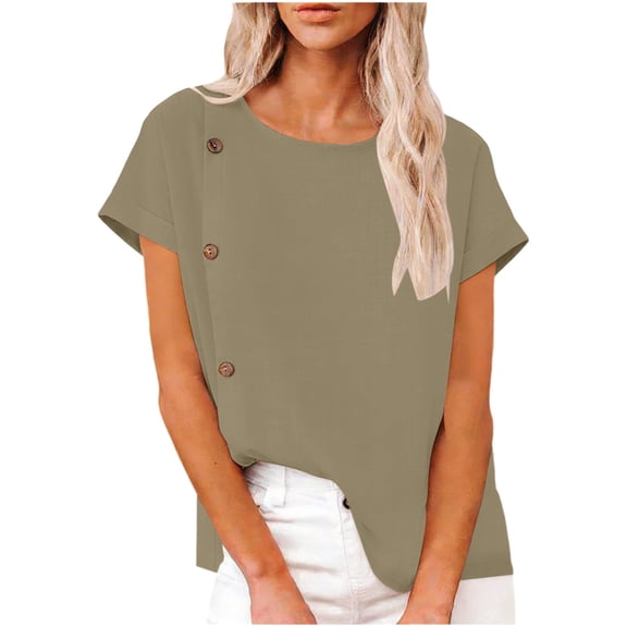 DAFPZW Womens Casual Crew Neck Short Sleeve T-Shirts Summer Side Button Linen Top Trendy Lightweight Beach Tunic Blouses
