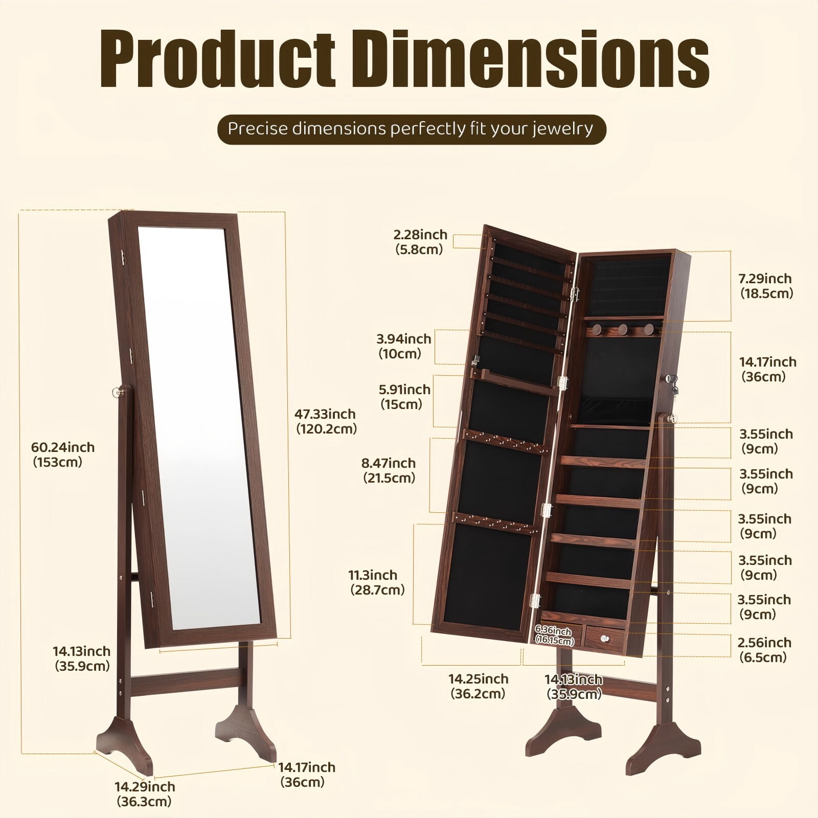 Kelno 60" Freestanding Jewelry Armoire with HD Mirror Adjustable Angles Jewelry Organizer Cabinet, Rust