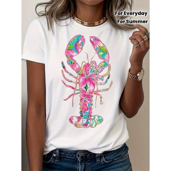 Womens Lobster Print T-Shirt - White, Loose Fit, Short Sleeve, 1 Pack