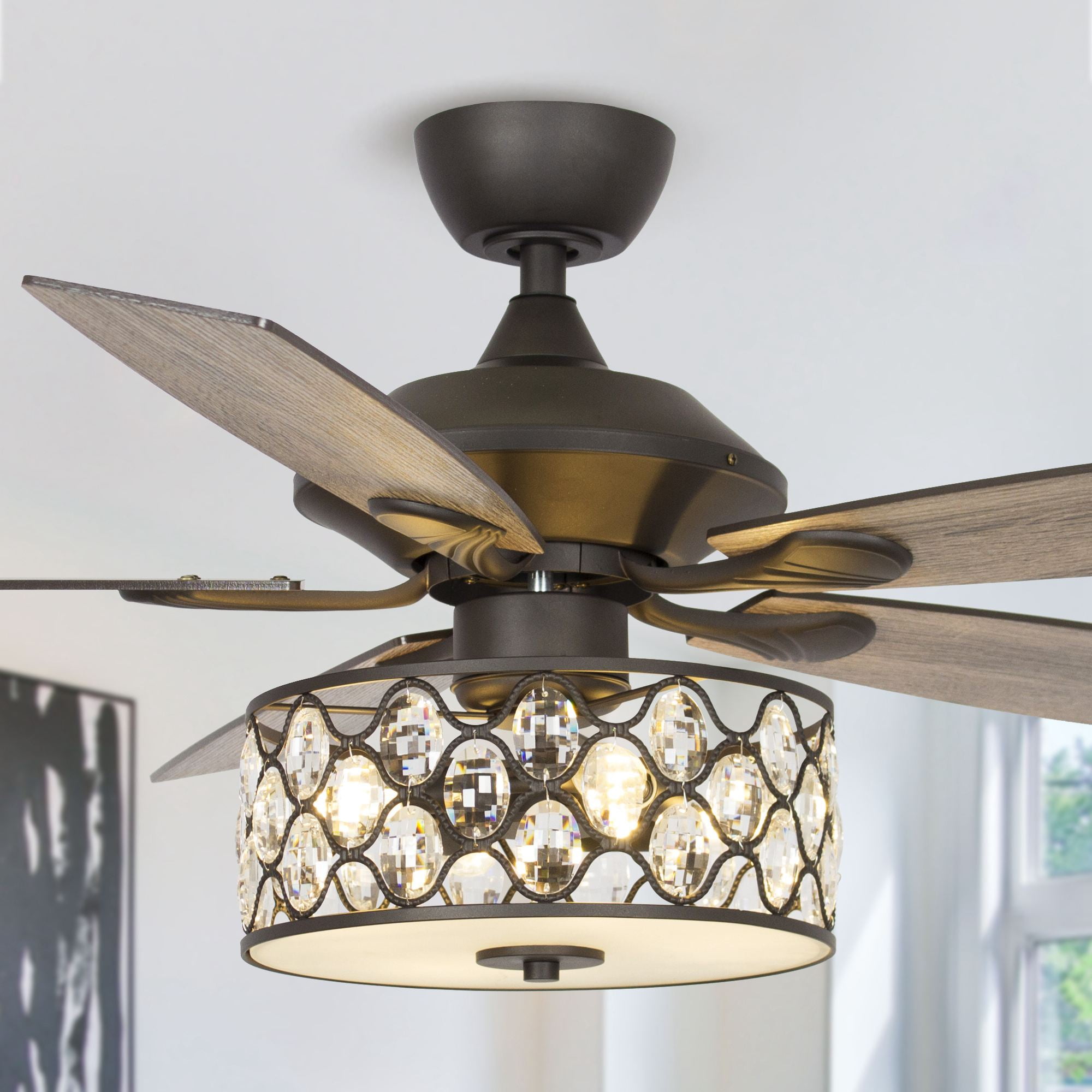 Parrot Uncle 52 inch Black Crystal Chandelier Ceiling Fan with Remote Control and Reversible Blades