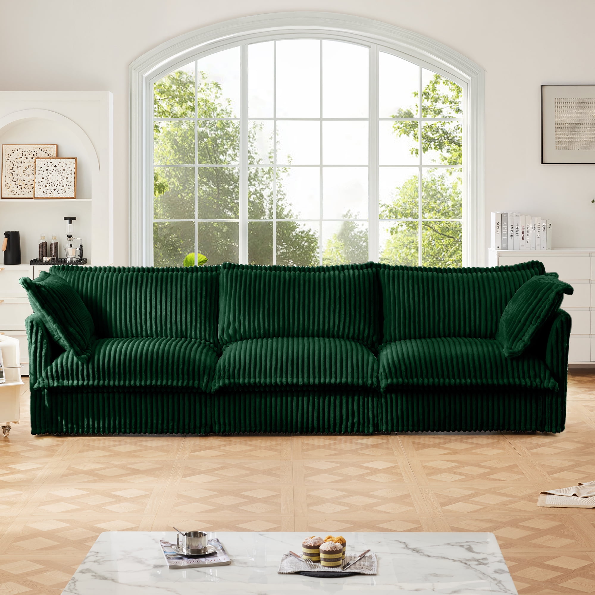Gewnee Modern Deep Seat 3 Seater Sofa Couch,Green Corduroy Fabric Soft Multiple Big Pillows, Comfy Couch for Living Room, Apartment,