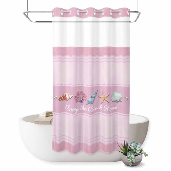 No Hook Shower Curtain, Pink Summer Coastal Shower Curtains for Bathroom with See Through Top Window, Modern Ocean Waves Starfish Shell Waterproof & Washable Bath Curtain Stand Up Stall 36"x72"