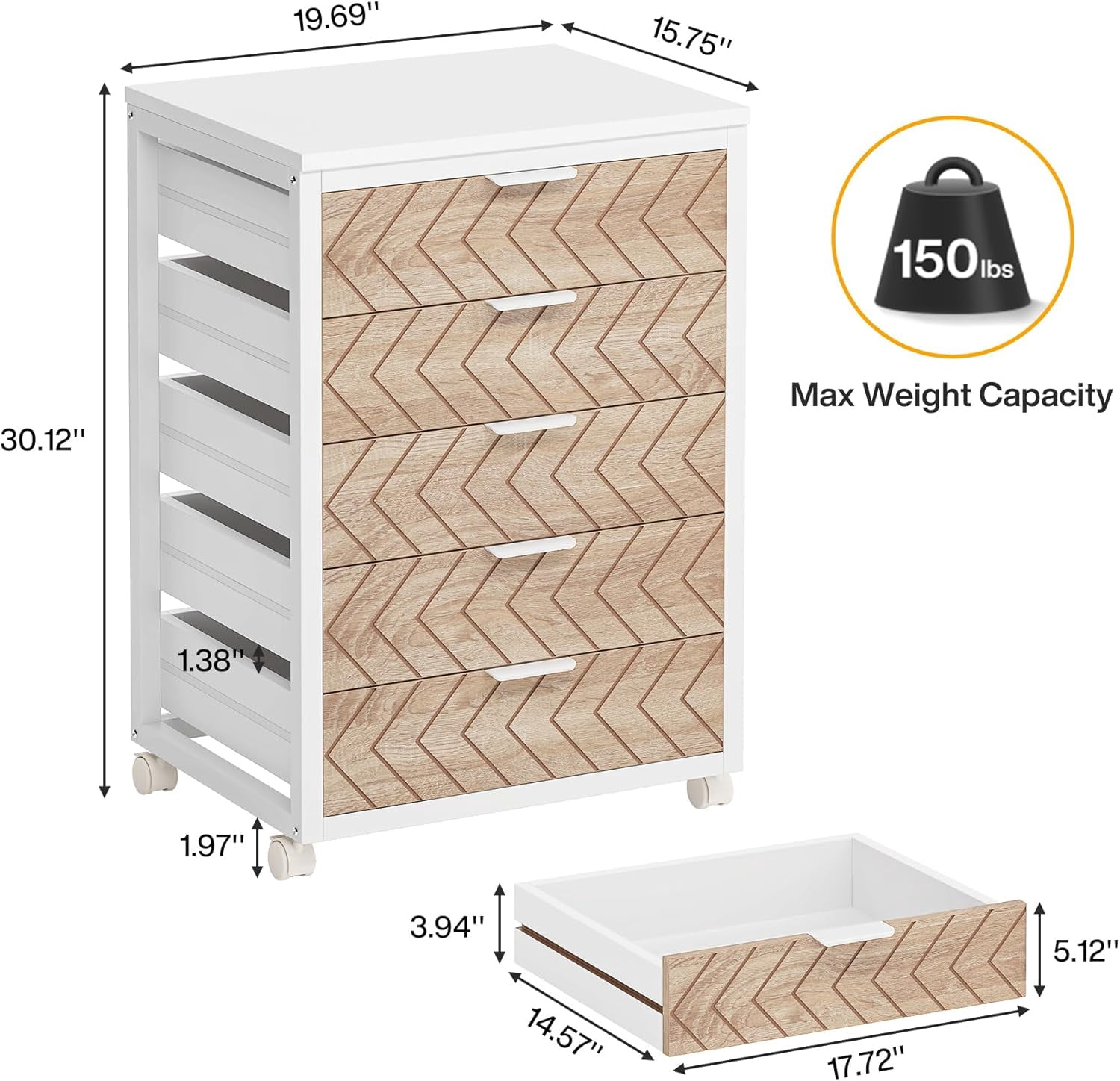 PurelyGoods Drawer Unit, Industrial Office Cabinet with Drawers & Wheels, Rolling Printer Stand for Home Office, Beige & White