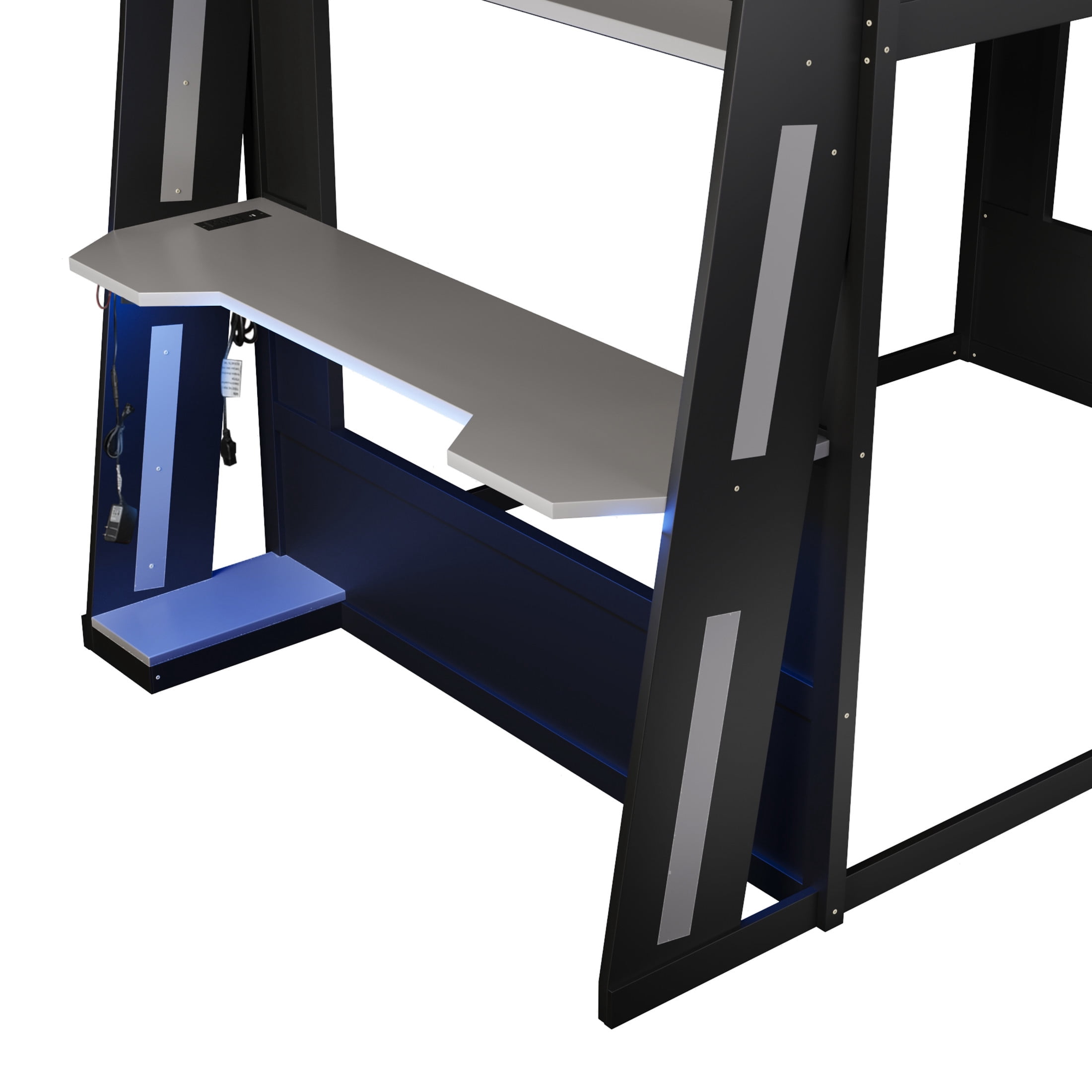Noble House Nira Queen Gaming Bunk Bed with Desk and LED Lights, Wood Loft Bed with Charging Ports, Black and Gray
