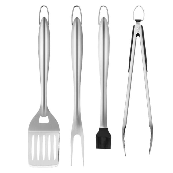 Grilling Accessories, 4PCS BBQ Grill Tool Set, Heavy Duty Stainless Steel Barbecue Tools, Kitchen Utensils with Tong, Spatula, Fork, Brush, for Outdoor Grills