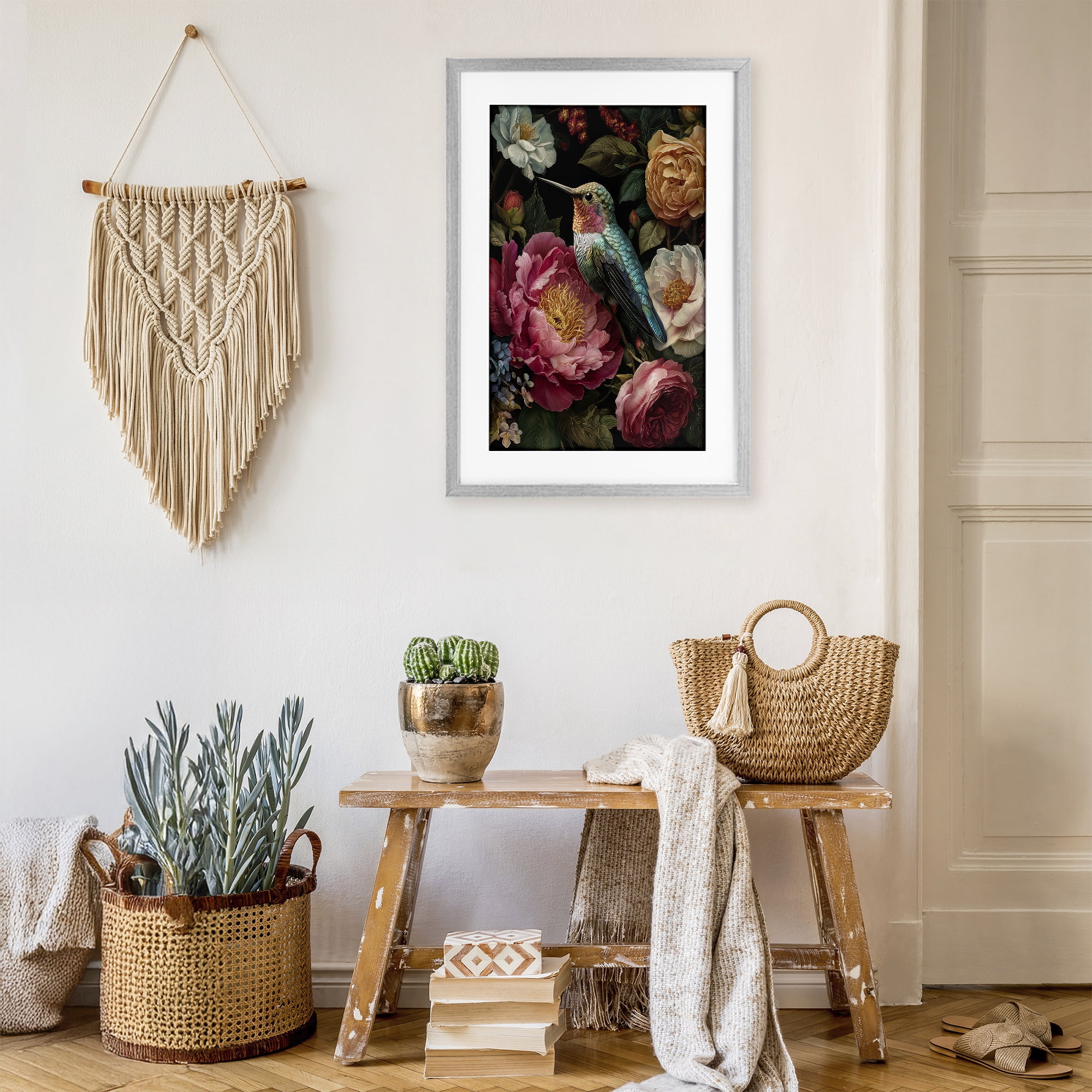 Stupell Industries Hummingbird & Lush Blooms Gray Framed Print Under Glass, design by The Wands Want