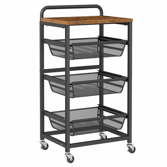 VASAGLE Storage Cart with Pull-Out Baskets, 4-Tier Kitchen Cart with Wheels, Handle, 12.5 x 15.8 x 29.8 Inches, Rustic Brown and Ink Black