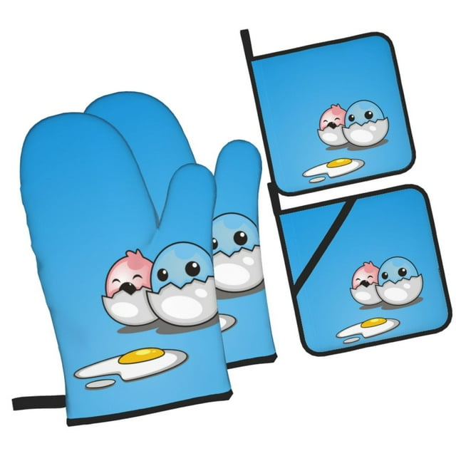 Funny Cute Blue Egg Oven Mitts and Pot Holders Sets Baking Sets for Kitchen Bbq Gloves Heat Resistant Cooking Cartoon Mascot 4 Pieces