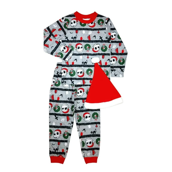 Jack Skellington Boy's Girl's Christmas Print Soft Pajama Set with Santa Hat (X-Small 4/5)