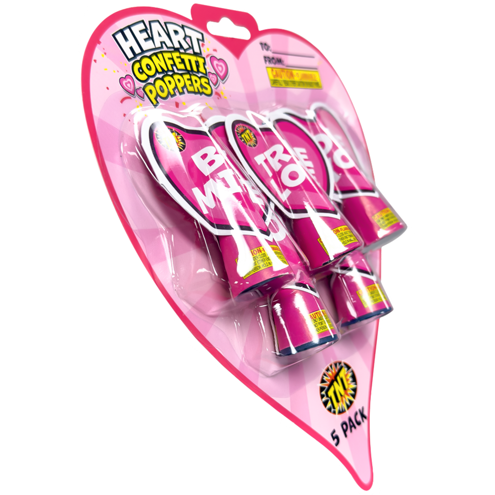Heart Party Poppers, TNT Fireworks, 5 Blister Packs, 30 Total Party Poppers