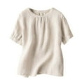 thumbnail image 5 of KALE Cotton And Linen Short Sleeve Shirts for Women Embroidered Tops Floral Tunic Tshirt Tee 3/4 V Neck Button Boho Ethnic Y2K Clothes Beige L, 5 of 6