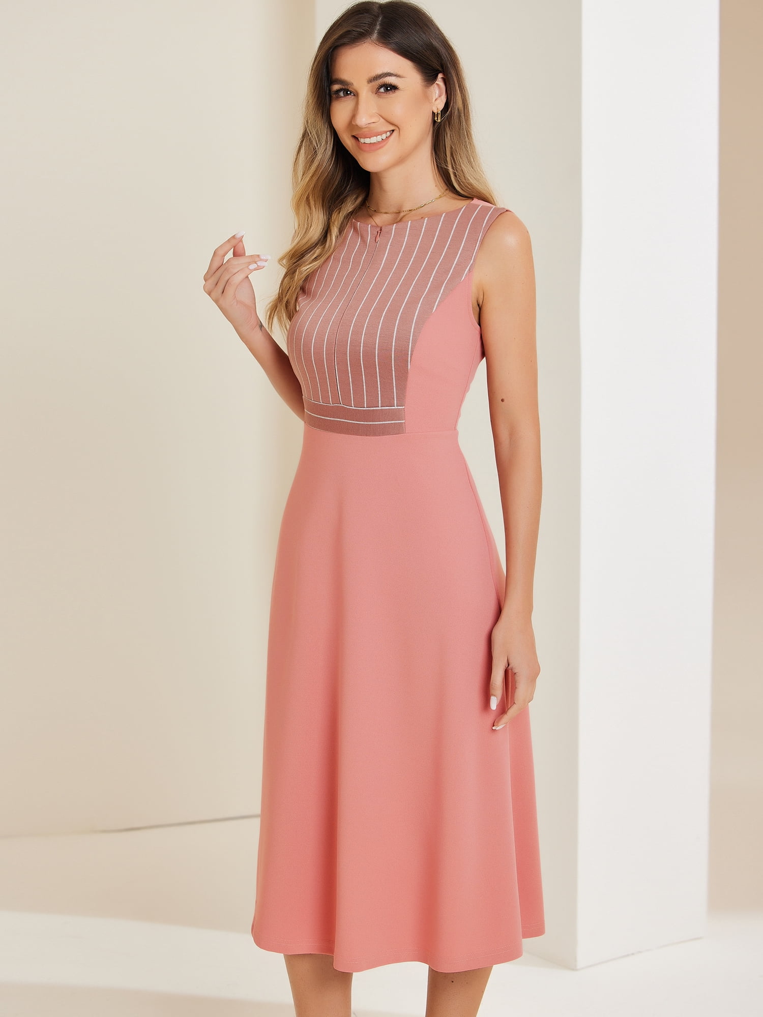 DARING DIVA Striped Crew Neck Sleeveless Midi Work Office Dress M Pink