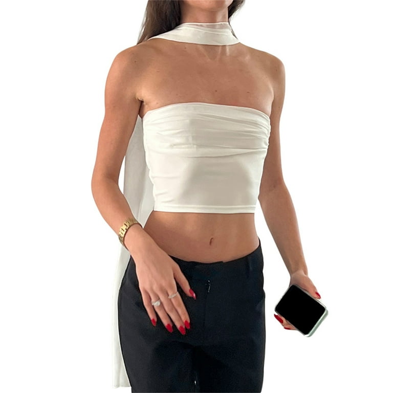 Women Fairycore Bandeau Summer Casual Strapless Off-shoulder Crop Tank Top  With Silk Scarf 