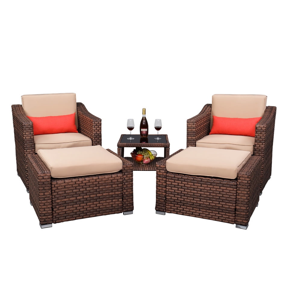 5Piece Wicker Patio Chair with Ottoman Set, BTMWAY Brown Cushioned Bistro Patio Set Rattan Deck