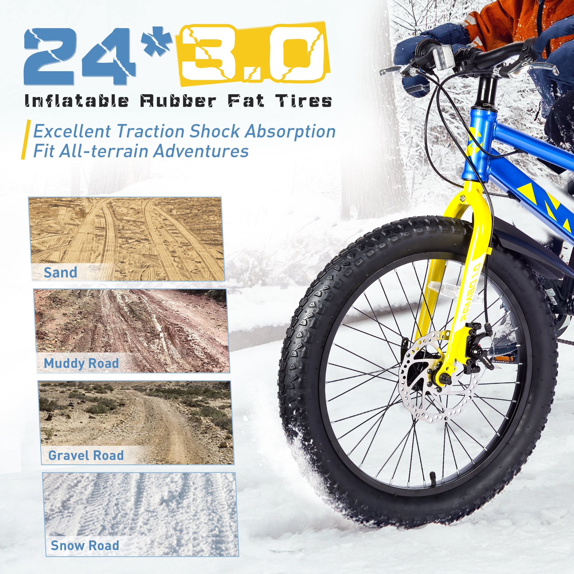 Zukka 24 inch Mountain Bike Fat Tire 7 Speed Hardtail Dual Disc Brake Hardtail Bicycle for Students Blue