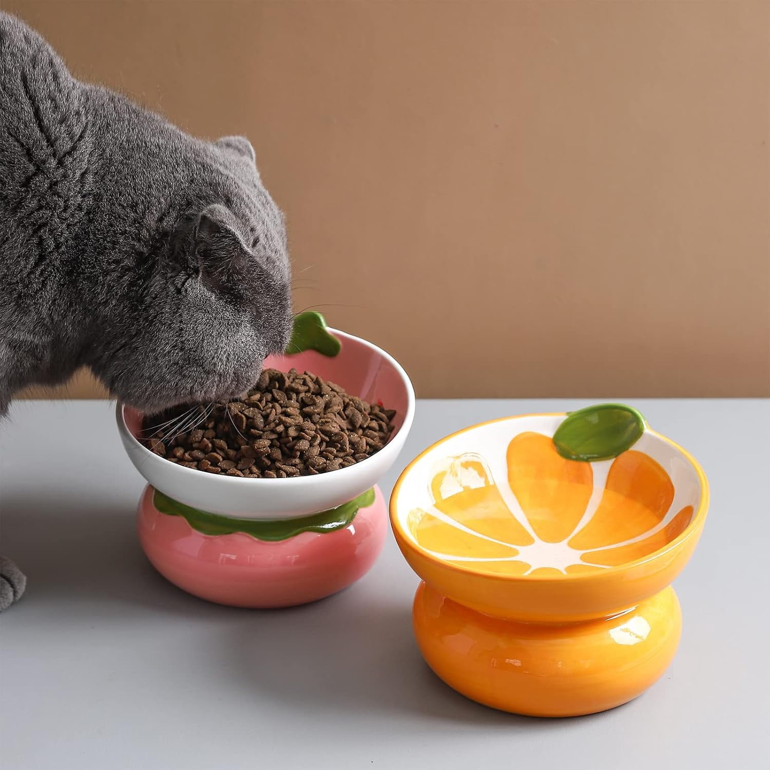 Ceramic Raised Cat Bowl - Pink Elevated Food Bowl for Indoor Cats, Anti-Vomiting & Spine Protection, Cute Tilted Dish for Flat-Faced Cats and Kittens