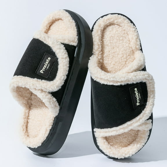 Pmoiste Adjustable Velcro Fuzzy House Slipper for Women Platform Soft EVA Memory Foam Comfy Open Toe Slides