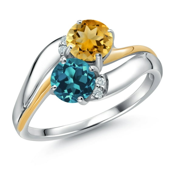 Gem Stone King 925 Sterling Silver and 10K Yellow Gold London Blue Topaz Yellow Citrine 2 Stone and Lab Grown Diamond Accent Ring for Women (1.45 Cttw, Gemstone November Birthstone, Size 8)