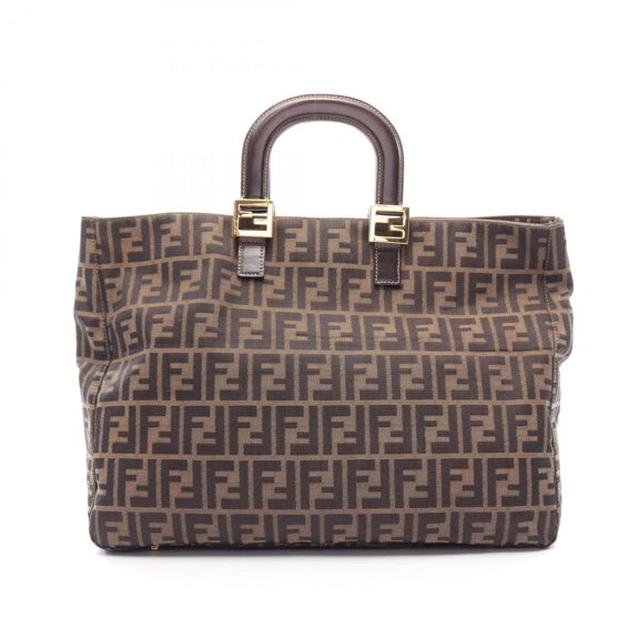 Pre-Owned Fendi Zucca handbag, canvas and leather, women's, brown black.