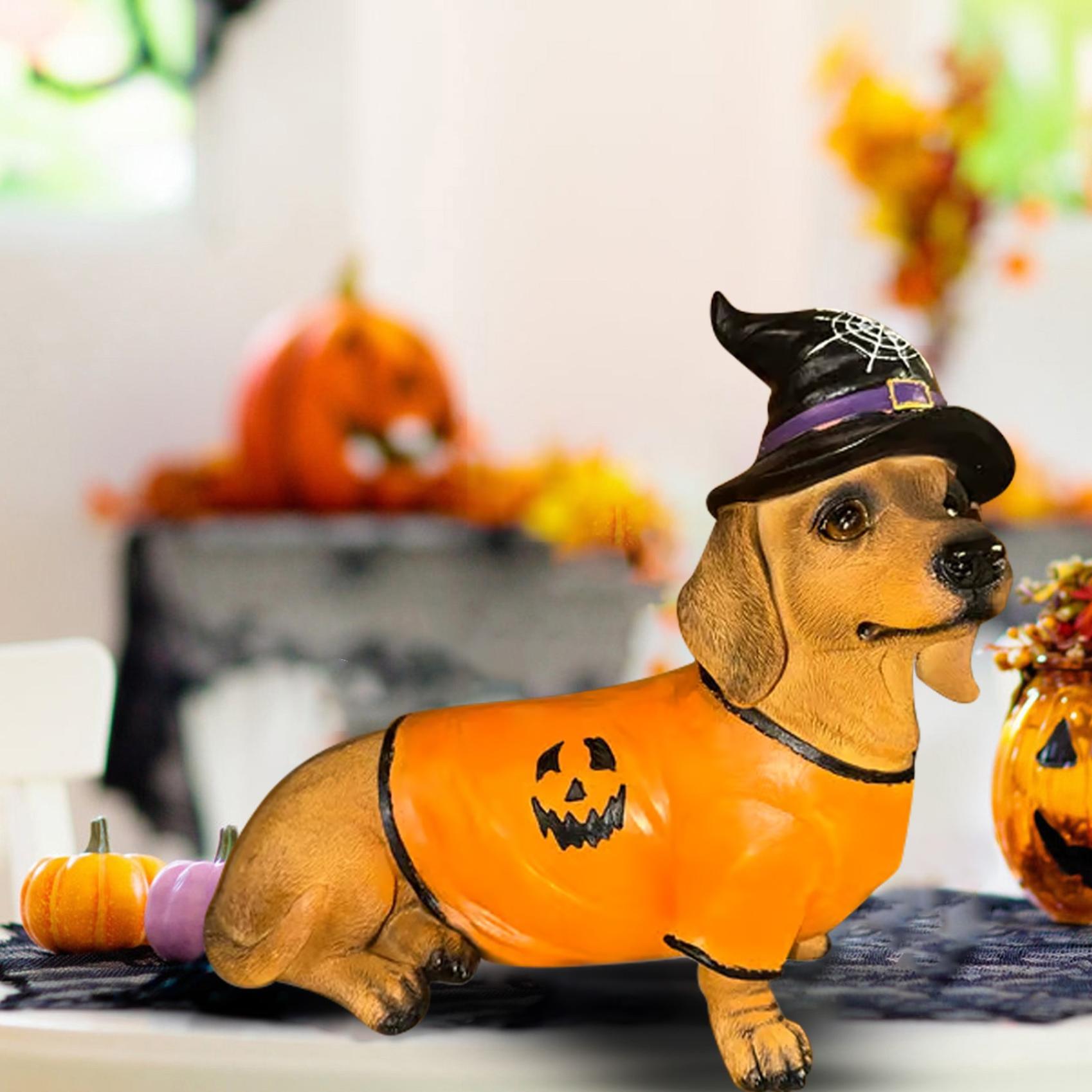 Halloween Dachshundasg Decor Statue with Witch Hat & Pumpkin Sweater Design, Dachshundasg Garden Statues, Yard & Indoor Party, Cute Sitting Dog Sculpture, Halloween Ornaments Decorations(Orange)
