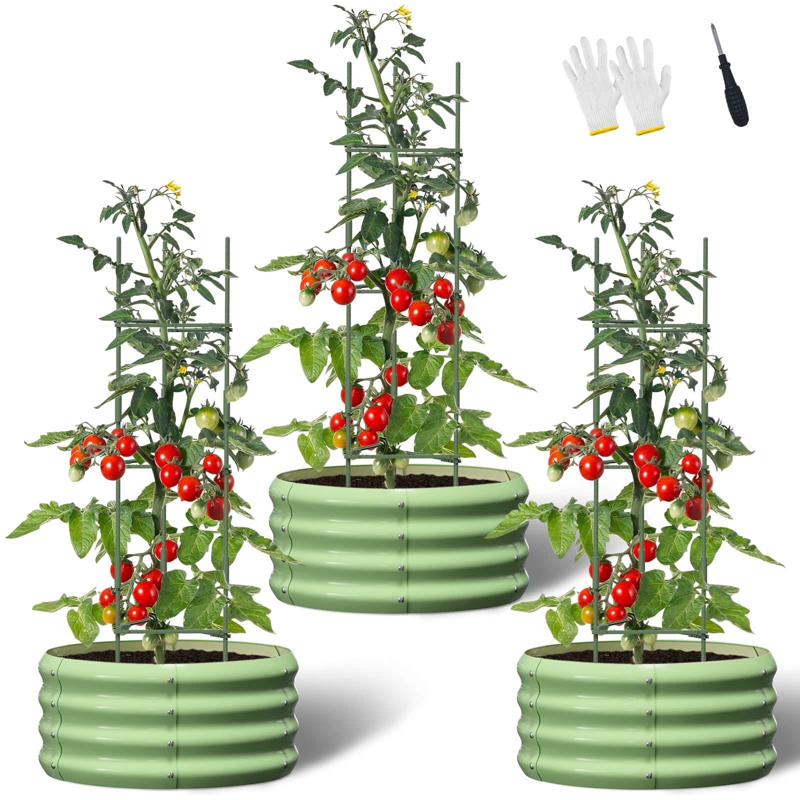 Slsy 3 Pcs 24x24x12in Round Galvanized Raised Garden Bed with Tomato Cages, Metal Planter Box for Planting Plants Vegetables Herbs Flowers