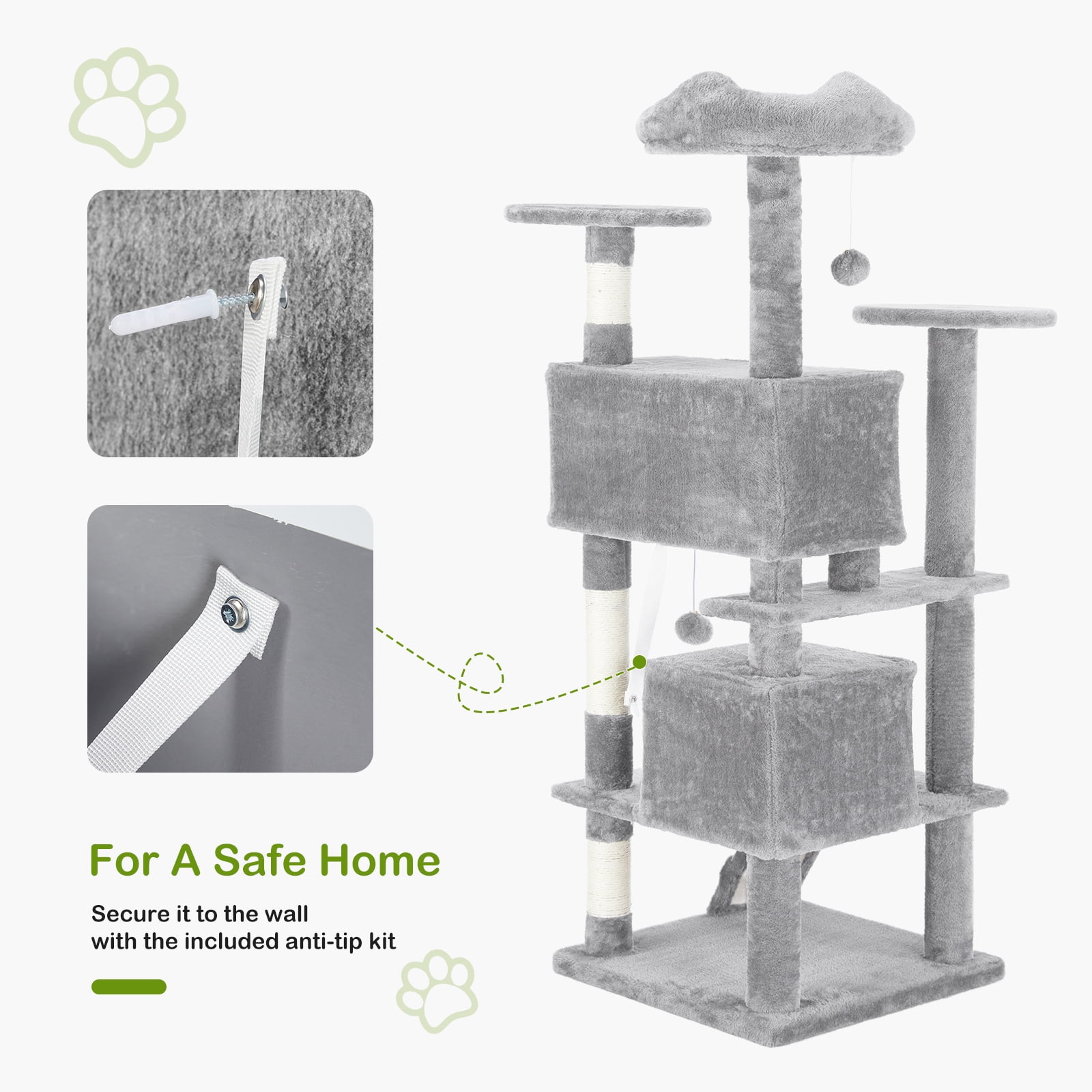 GIANNA 54-Inch Cat Tower with Large Condo, Climbing Ladder, and More Cat Stuff, Light Grey