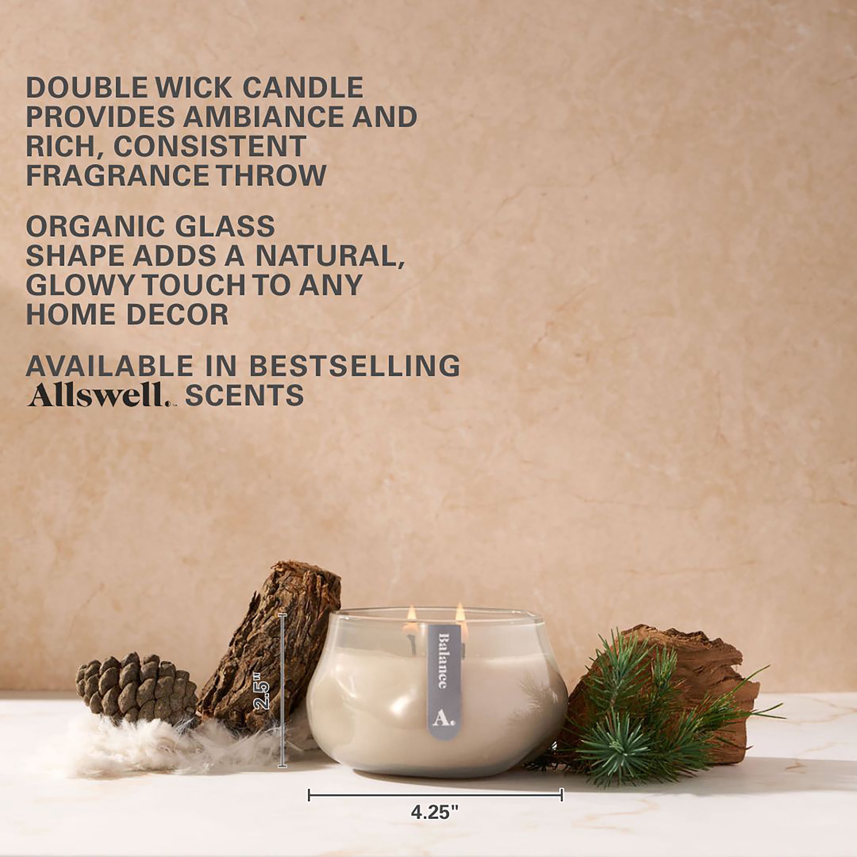 Allswell Balance (Balsam + Mahogany + Musk) Scented 1-Wick Organic Blown Jar Spa Candle 8oz.