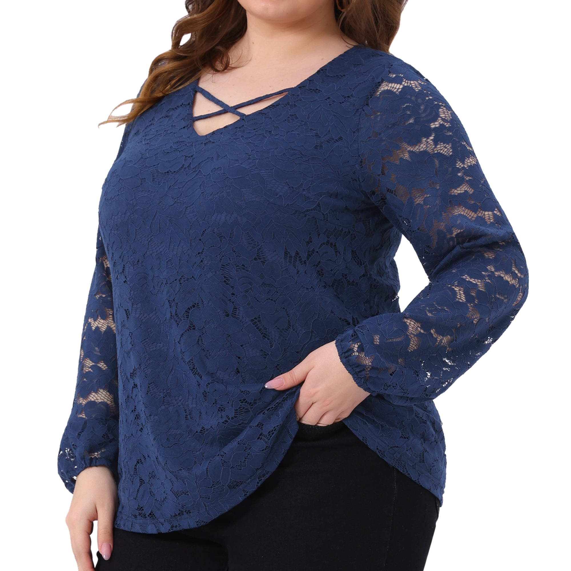 Women's Plus Lace Blouse Cross V Neck Sheer Double Layers Long Sleeve Shirt Tops 4X Royal Blue