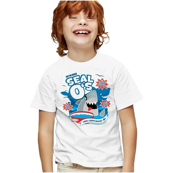 Shark Week Officially Licensed Shark Cereal Kids T Shirt for Youth Boys and Girls, White, Medium