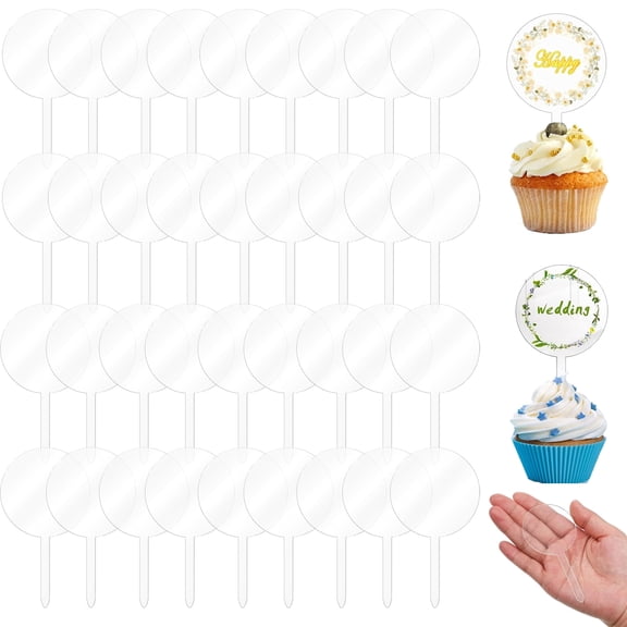 50PCS 2 Inch Blank Acrylic Cupcake Toppers, Clear Round DIY Cake Picks, Mini Acrylic Cake Tags for Birthday Wedding Baby Shower Party Dessert Decoration