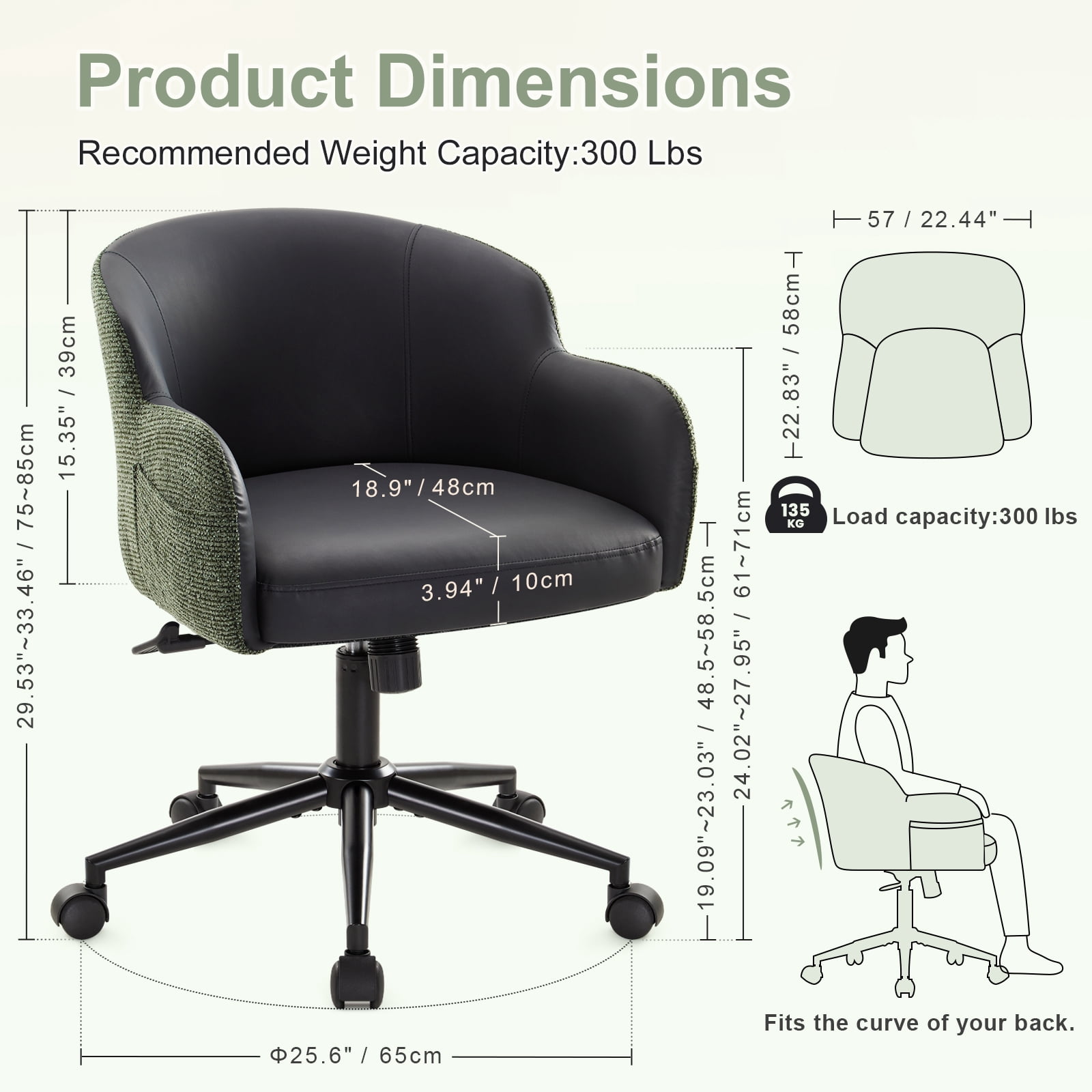 Office Chair with Wheels and Arms, Height Adjustable Ergonomic Swivel Chair,  Chair for Home Office, Bedroom, Living Room Makeup