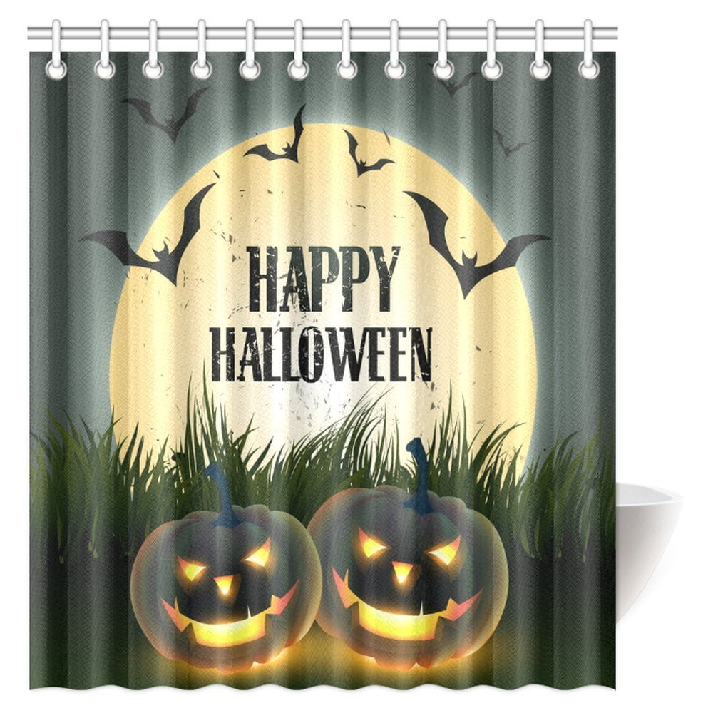 Details about   Helloween Shower Curtain Cemetery Bat Moon Fabric Bathroom Decor Set 71 Inches 