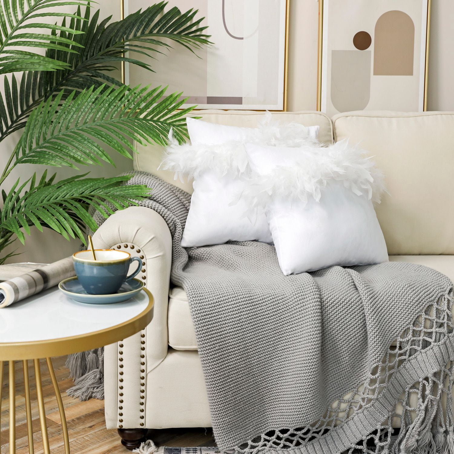 Phantoscope Feather Velvet Decorative Throw Pillows, 18 x 18 in, Pure White, 2 Pack