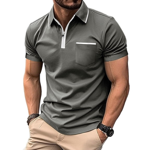 Ohufall Short Sleeve Shirts for Men Turndown Collar Big and Tall T Shirts for Men Zipper Solid Patchwork Regular Casual Pullover Shirts