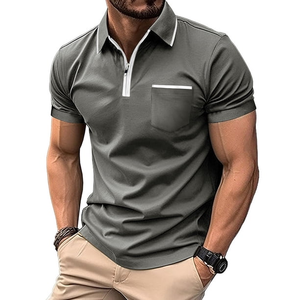 Blusa y camisa de manga corta con cuello vuelto para hombre, informal, a la moda, con cremallera, color liso y retazos, de poliéster.