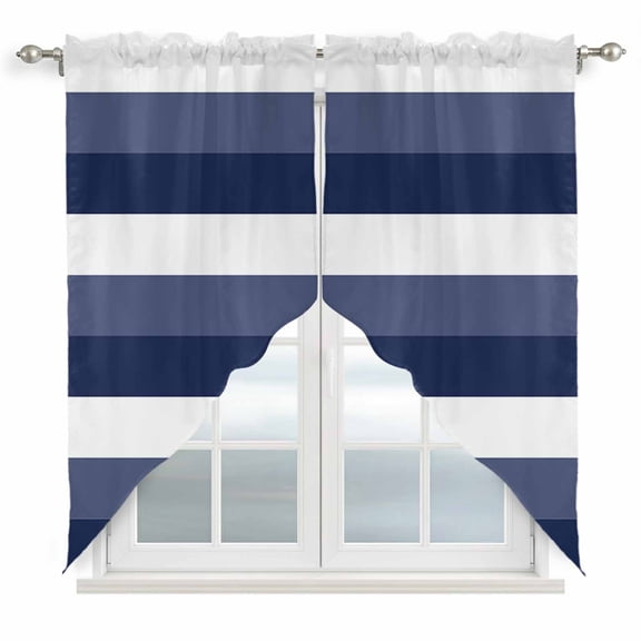 Navy Blue White Striped Kitchen Window Curtains, Swag Curtains Valance for Bedroom Living Room Bathroom, Farmhouse Stripes Rod Pocket Window Treatment Curtain Block Drapes 2 Panels 28"x36"