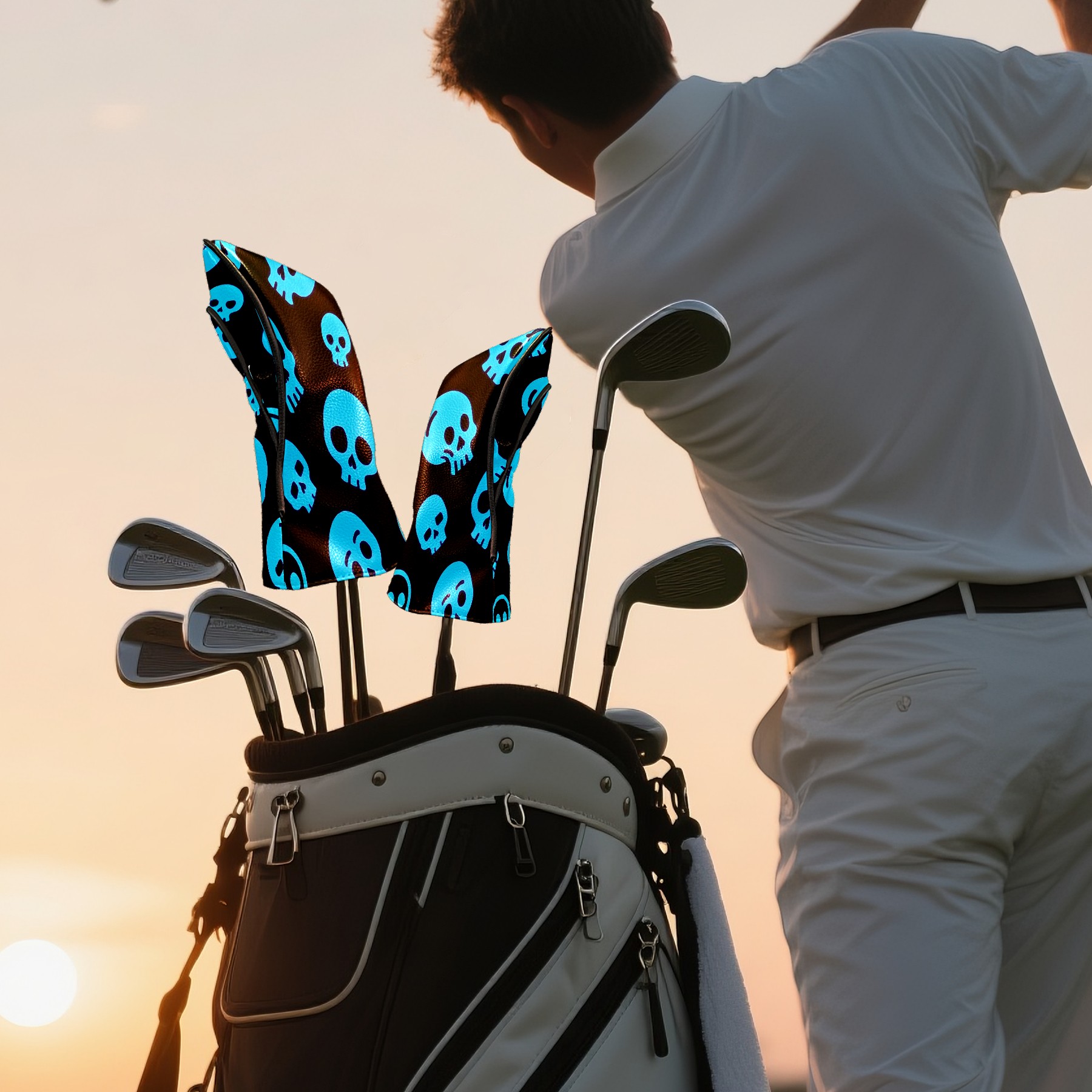 Golf Club Covers, Blue Skeleton Premium PU Leather Driver Hybrid Putter Head Covers with Velvet Lining, Waterproof Golf Gifts for Men Women