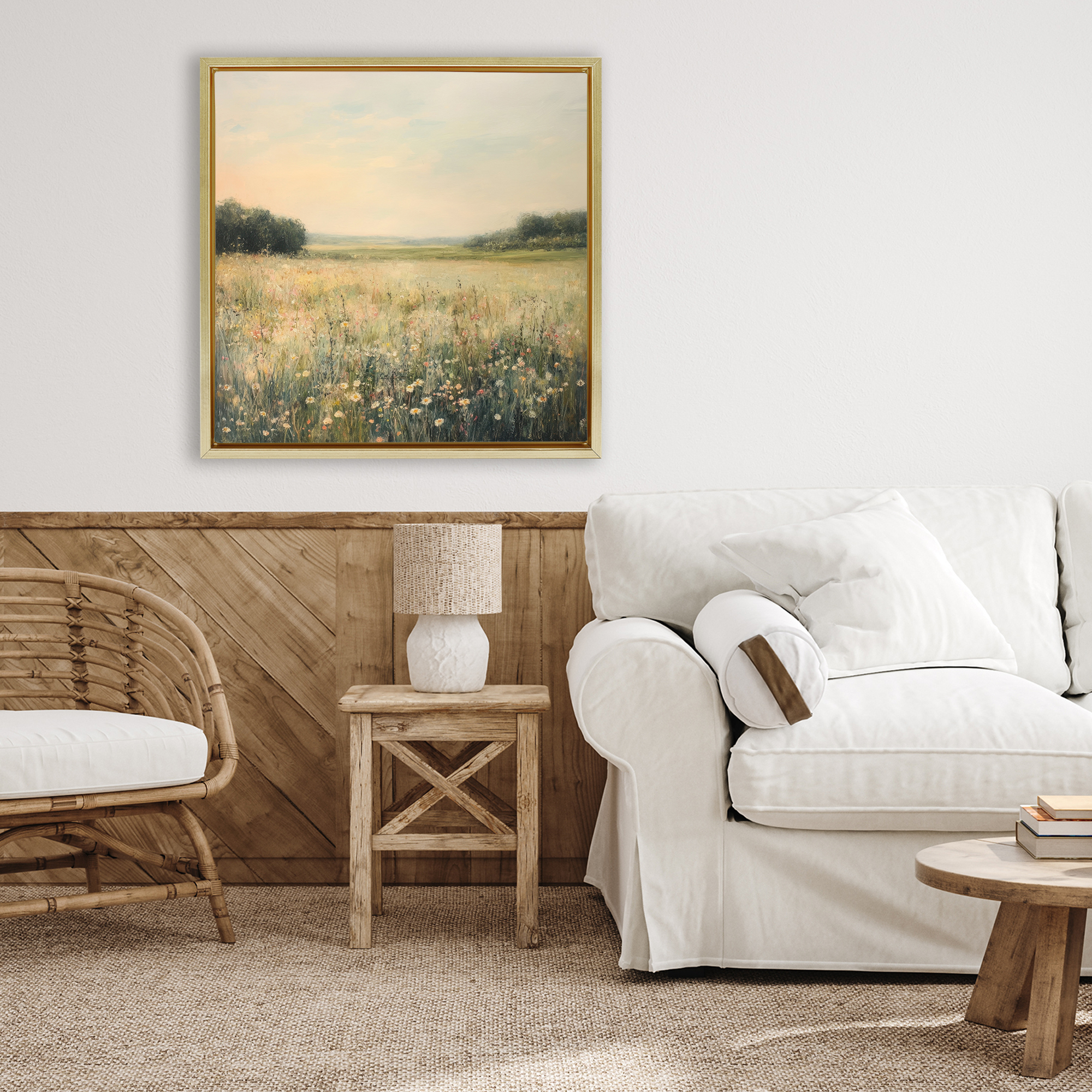Stupell Industries Warm Wildflower Landscape Gold Framed Floater Canvas Wall Art design by Petal Prints Design, 25 x 25
