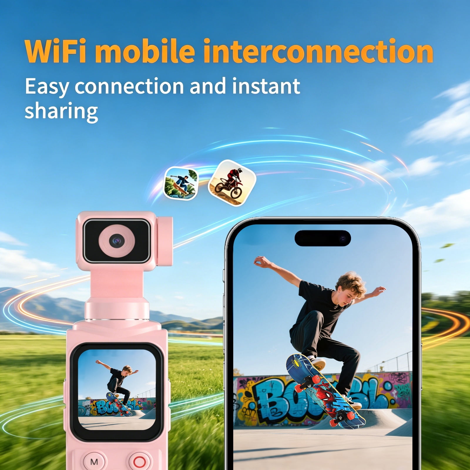 Ourlife Handheld Gimbal WIFI Camera 4K - 64MP Autofocus, 18x Zoom, Touchscreen, Face Tracking, Action Cam Travel Pocket Vlogging Camera with 64GB Card, Pink