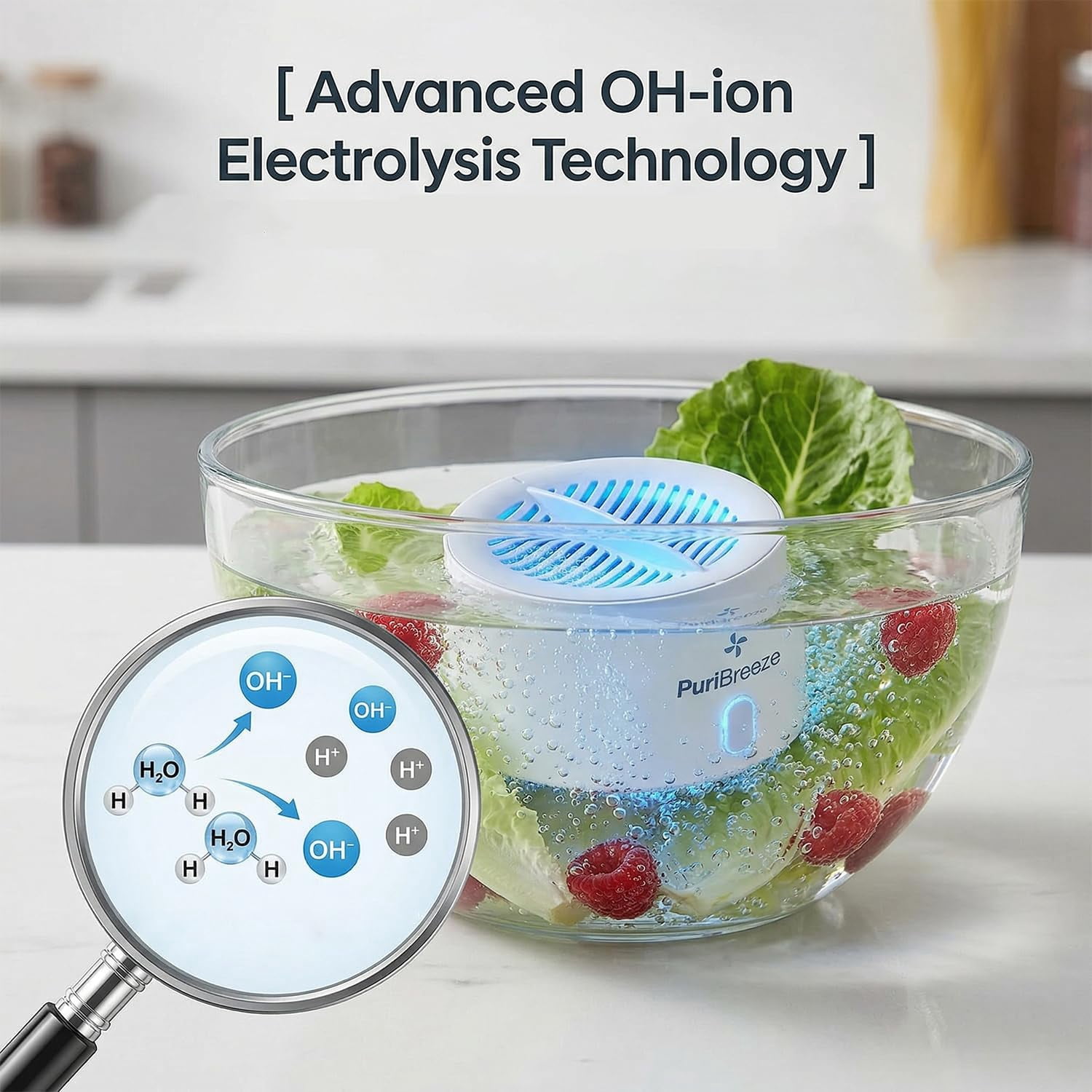 Puribreeze Produce Cleaner, Hydroxyl Ion Fruit & Vegetable Washer,  Cordless Rechargeable Cleaner, IPX7 Waterproof Portable 5-Minute Automatic Produce Washing Machine, Deep Cleaning Surface Residues