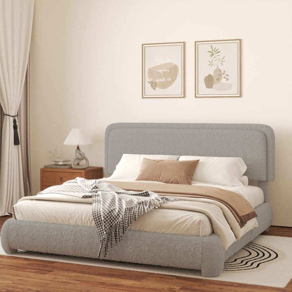 VIPLOV King Size Boucle Bed Frame, Cloud Upholstered Platform Bed with Height Adjustable Headboard & Soft Rounded Corners, No Noise Free, Easy Assembly.light gray