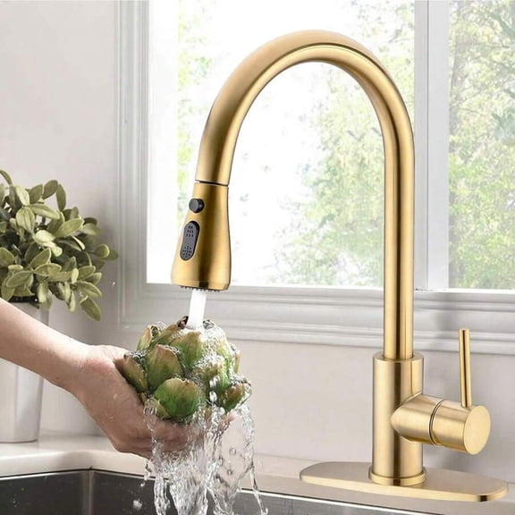 WFPXAMLZZMDBrushed Gold Kitchen Faucet With Pull Down Sprayer,Stainless Steel Single Handle Kitchen Faucet,Multiple Modes Switch Water, 8'' Deck Plate Included,Suitable for Farmhouse Laundry Rv Bar