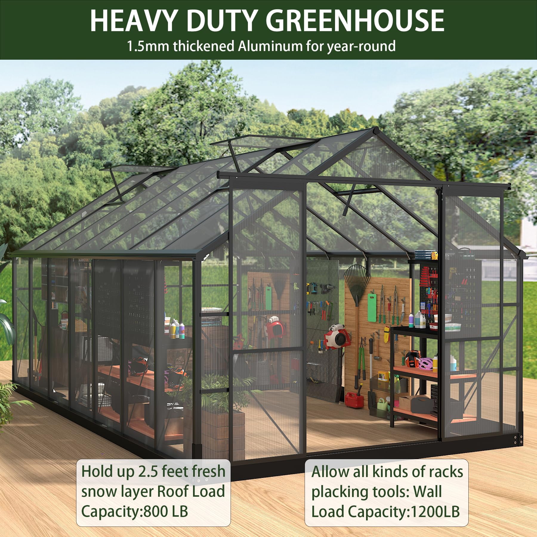 8x16 FT Greenhouse Outdoor, Akaber Walk-in Garden Greenhouse with Polycarbonate Panels, Aluminum Frame Windproof Greenhouses for Outside
