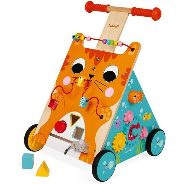 Janod Chariot de Marche Multi-Activités Chat - Chariot en Bois avec Poignée Réglable, Jeu de Formes et Activités Ludiques pour Tout-Petits - 12 mois et +