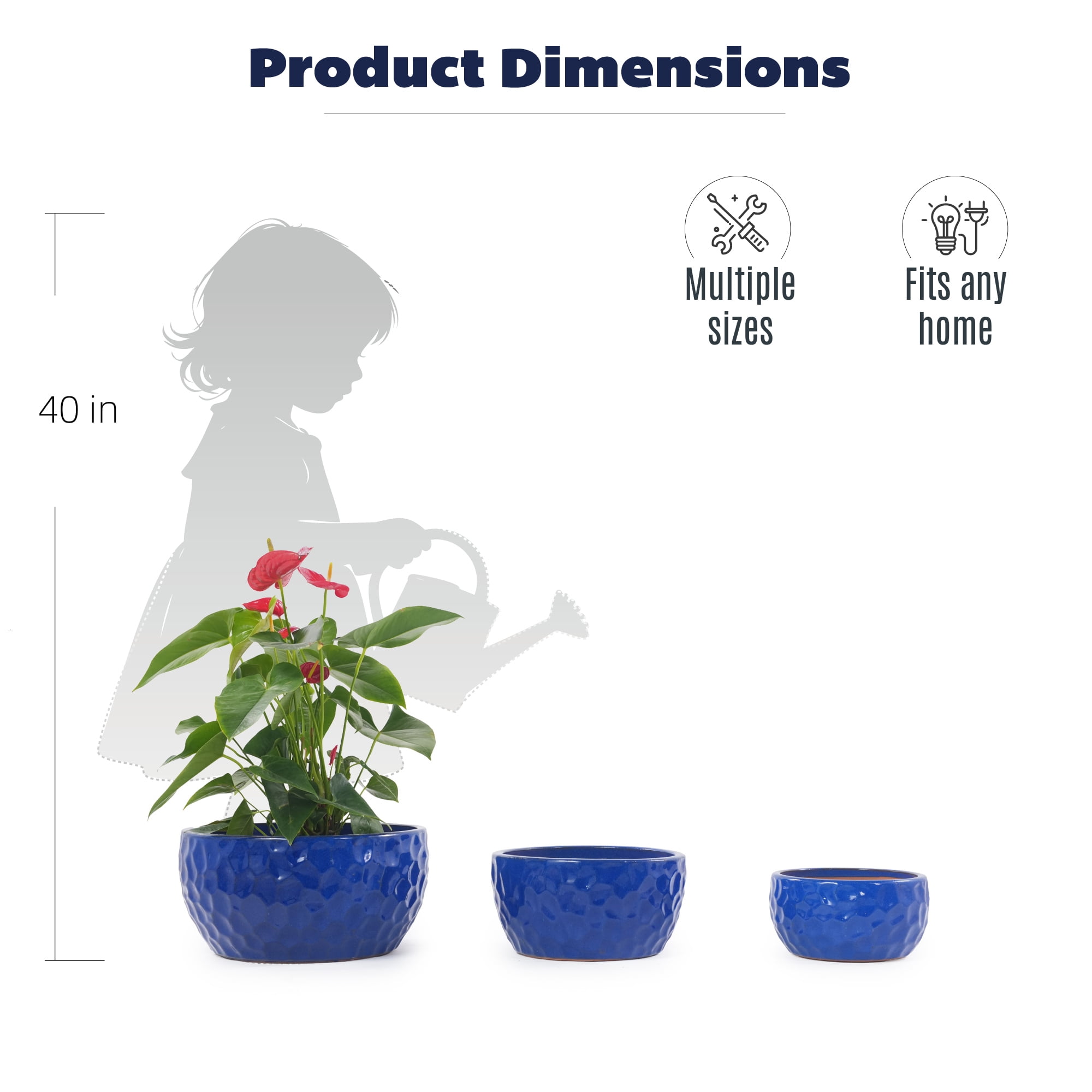 Leumius Set of 3 Handmade Ceramic Planter, 15"/12"/10" Diameter, Cobalt Blue Hammered Texture, for Succulents & Violets, Indoor/Outdoor Use on Windowsill & Bookshelf Antique Blue