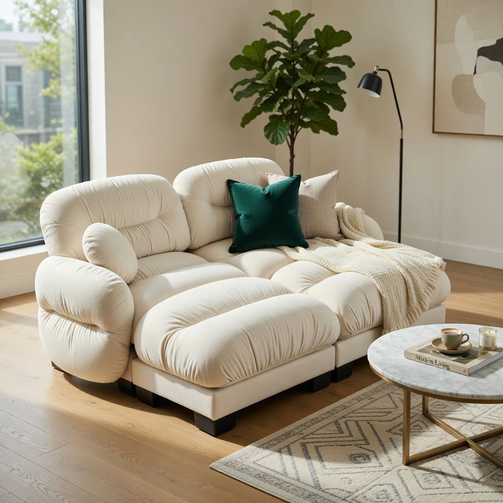 Hommoo Chenille 2-Seat Modular L-Shaped Sectional Sofa with Ergonomic Foam, Curved Armrests, 2 Ottomans & Throw Pillows, Pleated Back Design, Beige