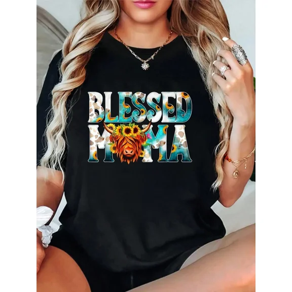 Cute Blessed Mama Highland Cow Sunflower Graphic Tee Women's Boho Country Farm Animal Print T-Shirt Top
